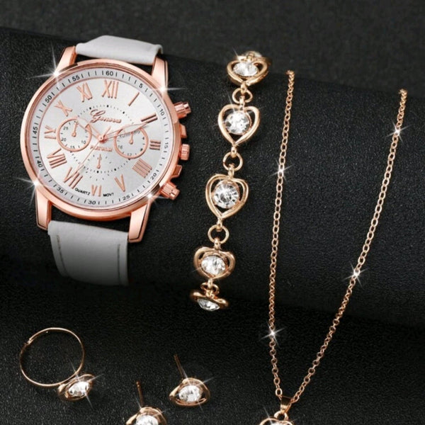 Women's Elegant Three-eye Roman Scale Dial Quartz Watch & Jewelry Set - 4 Pieces