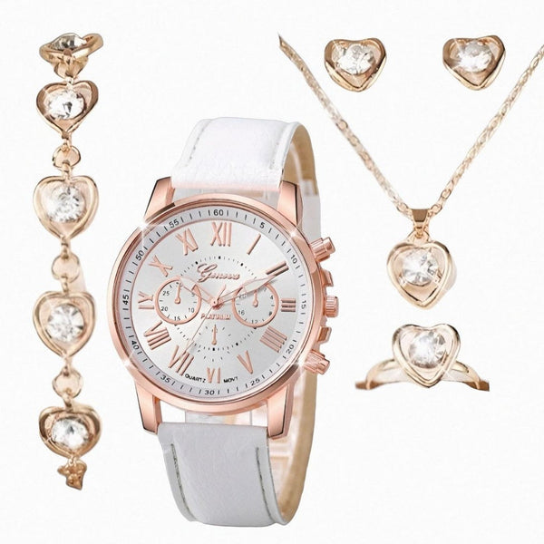 Women's Elegant Three-eye Roman Scale Dial Quartz Watch & Jewelry Set - 4 Pieces